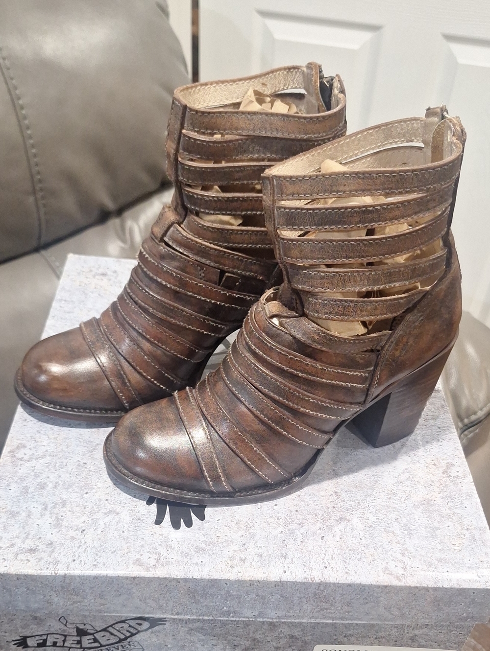 Freebird by Steven Distressed Brown Leather Strappy Ankle Boots